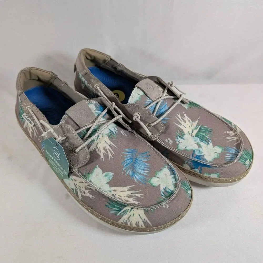 Clarks Higley Tie Floral Boat Shoes Men's 9 Gray Canvas Comfort Casual NWT